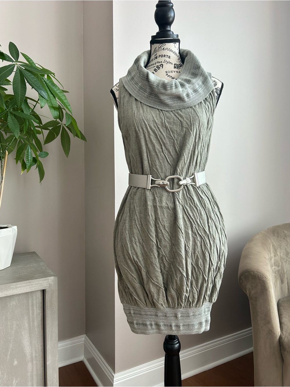 Morena Rosa Sleeveless Cowl Neck Dress in Gray/Sage Green